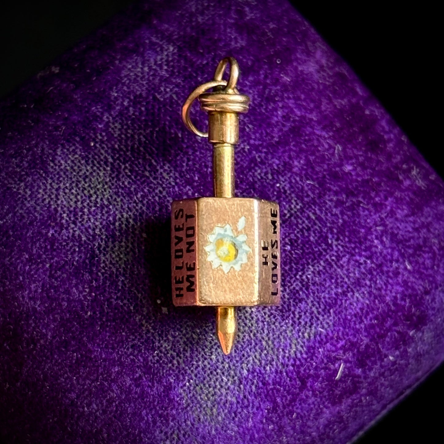 Antique Victorian 'He Loves Me' Spinning Top Enamel Pendant; Circa 1880