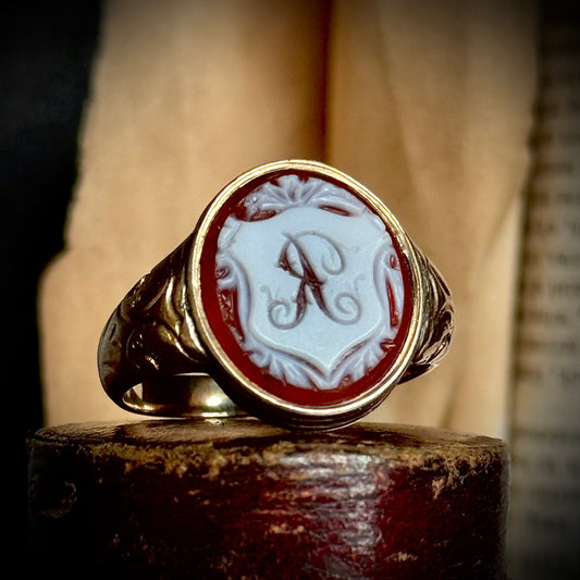 Antique Sardonyx 'R' Ring in 9 Carat Gold; Circa 1880