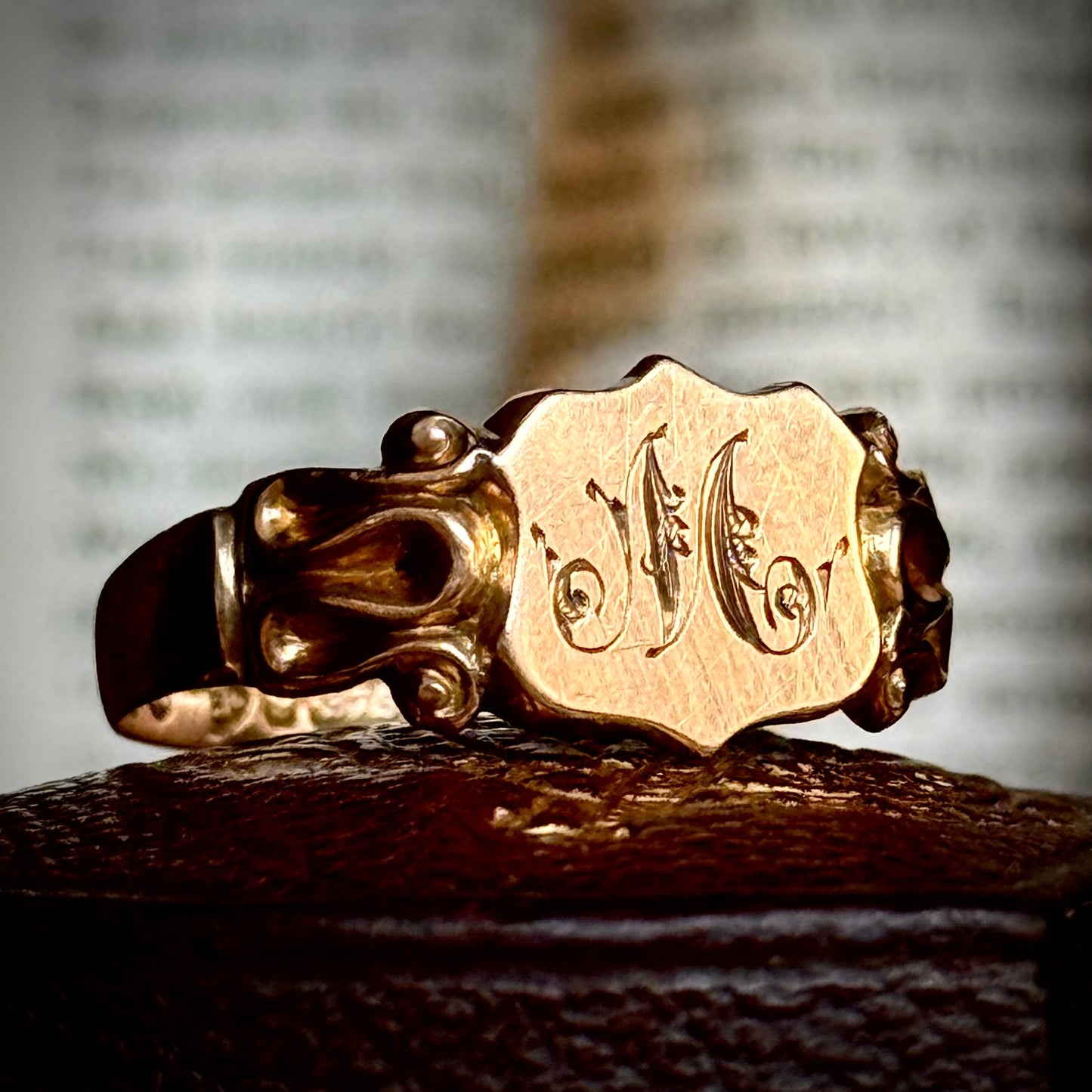 Antique Edwardian Initial 'M' Signet Ring in 9 Carat Gold; Circa 1910