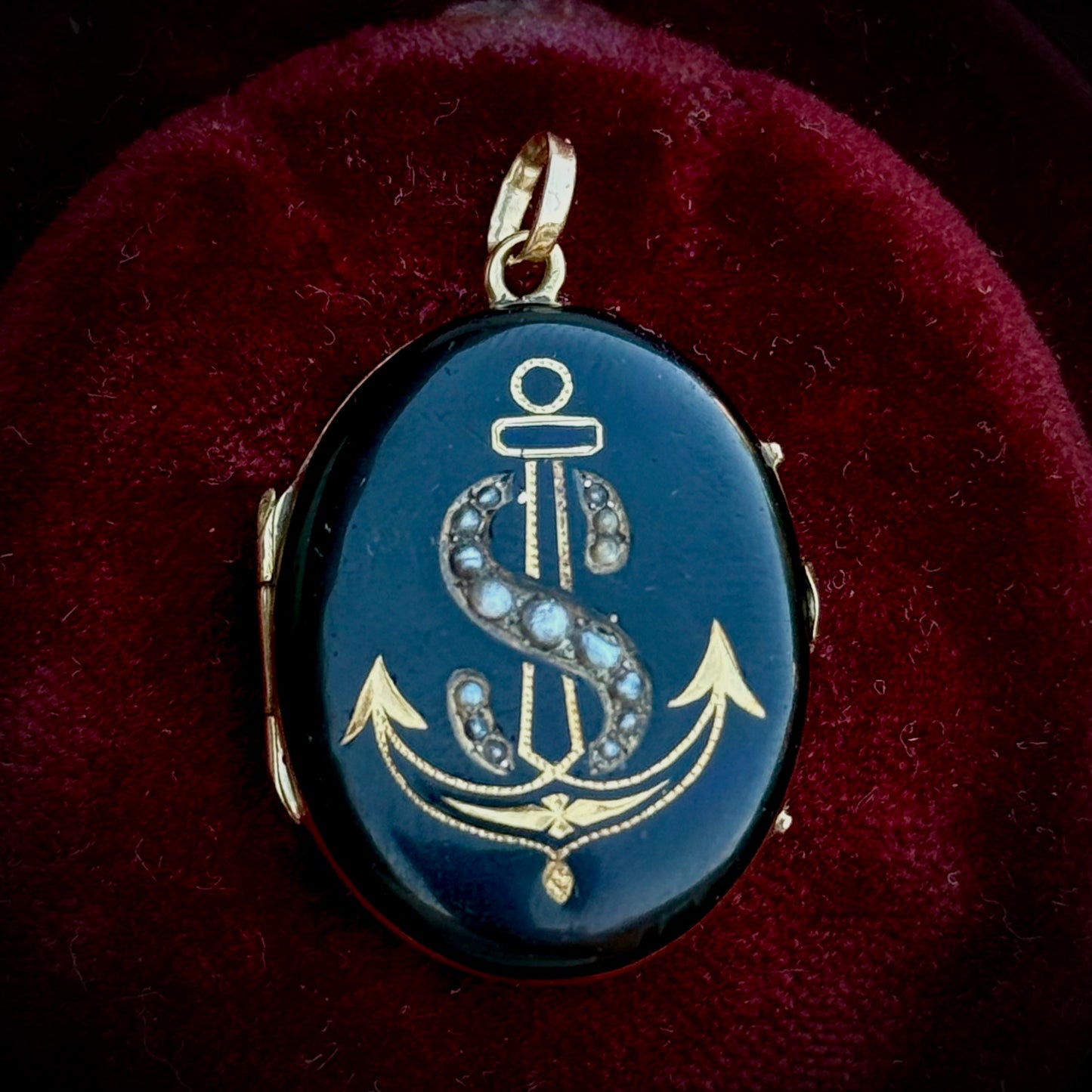 Victorian Enamel & Pearl Anchor 'S' Locket