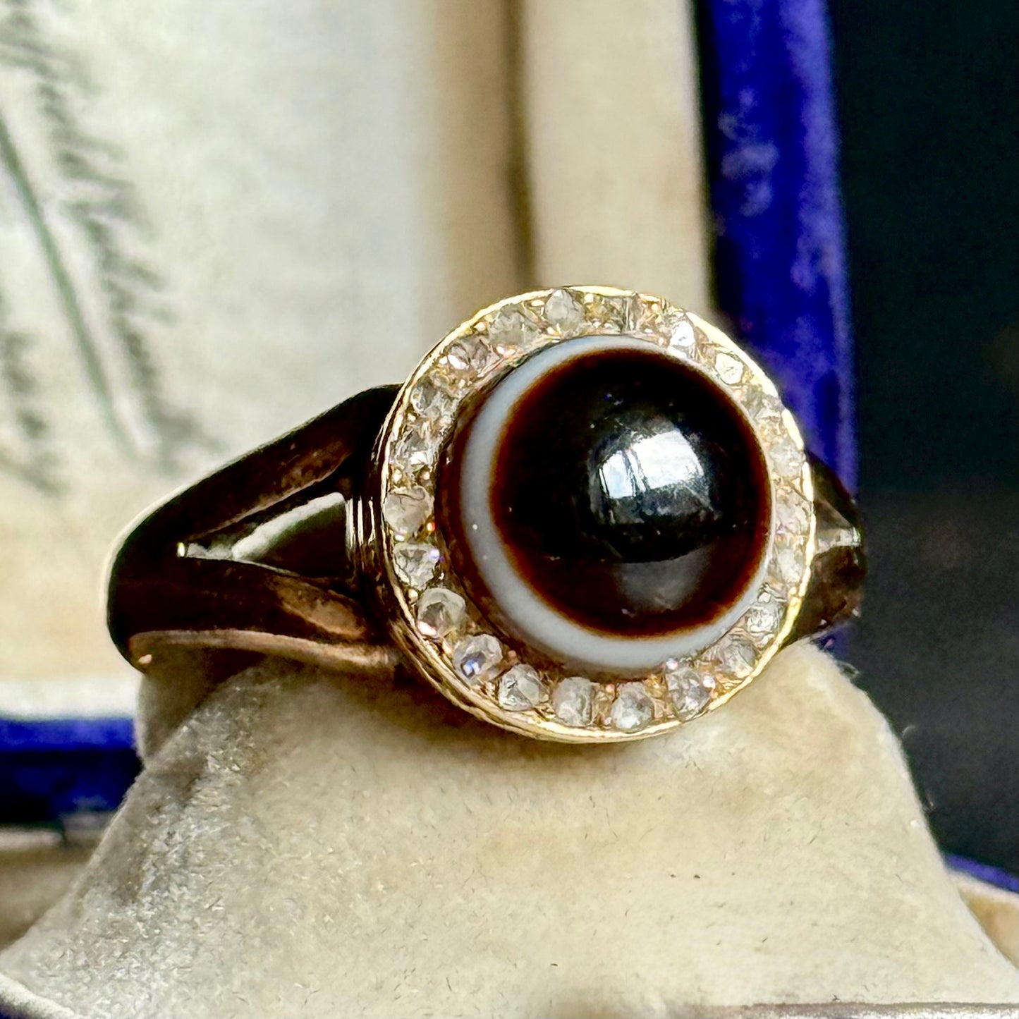 Victorian Bull's Eye Agate & Diamond Ring