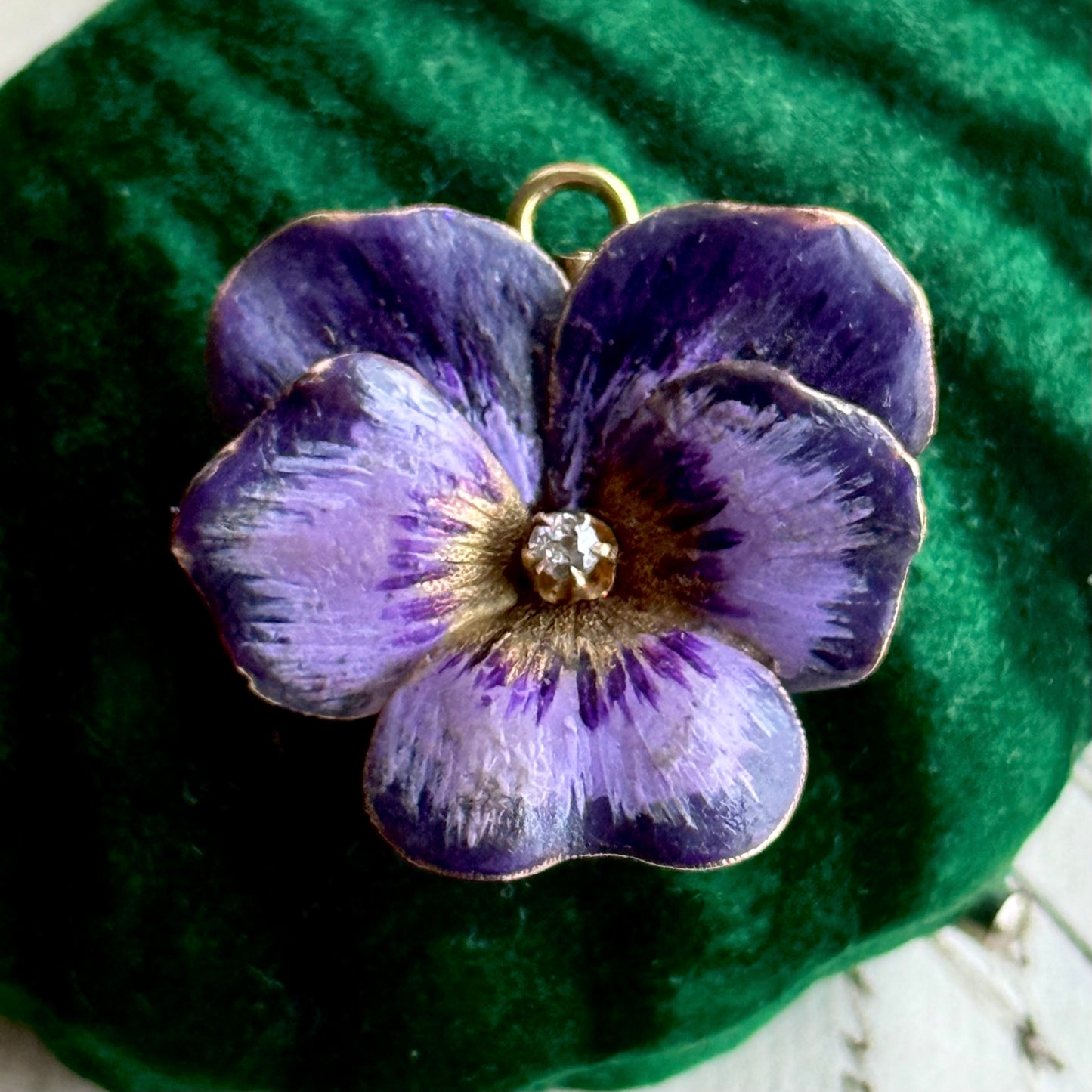 Victorian Enamel Pansy Diamond Pendant in 14 Carat Gold; Circa 1900