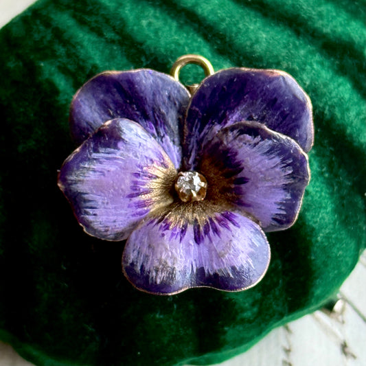 Victorian Enamel Pansy Diamond Pendant in 14 Carat Gold; Circa 1900