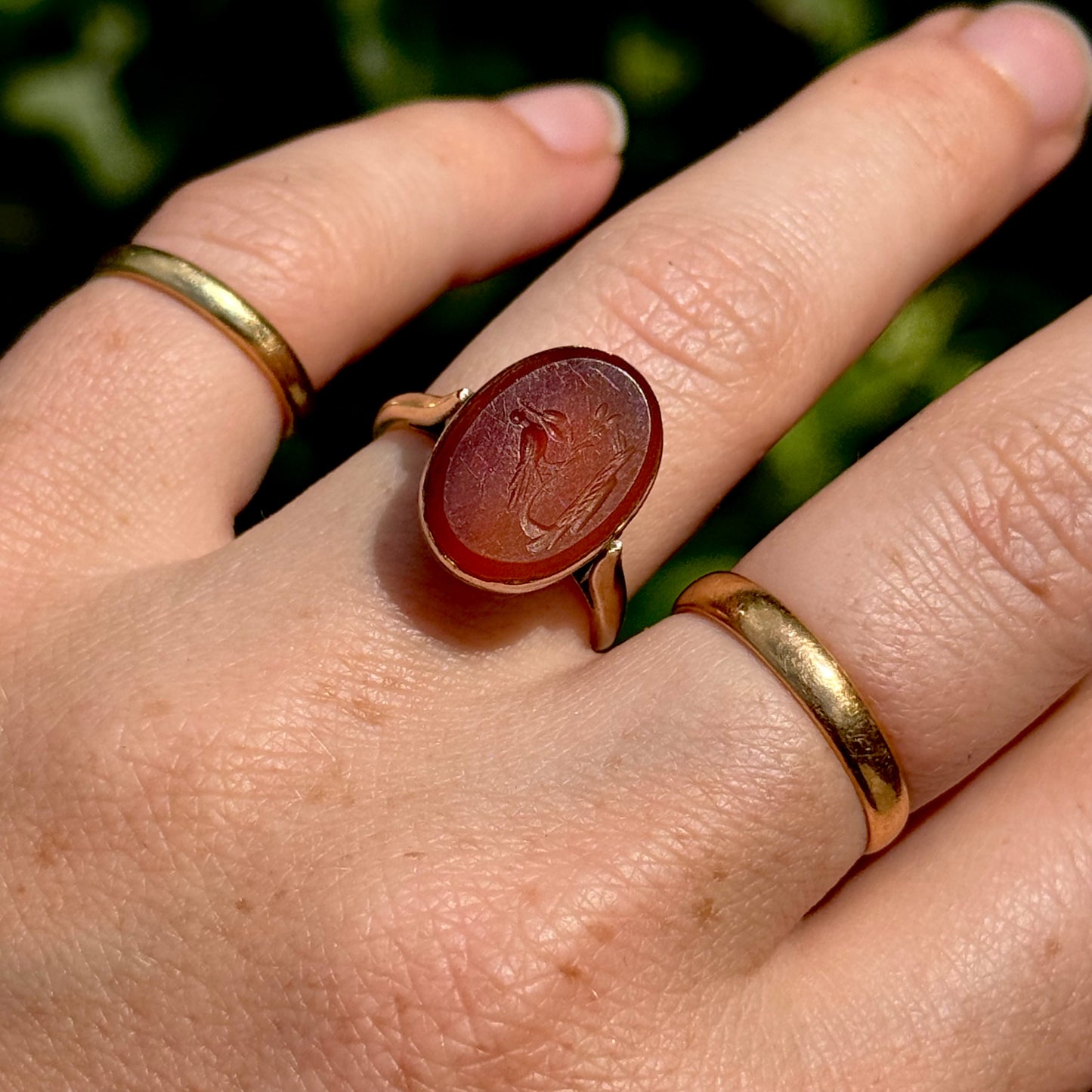 Antique Bird Intaglio Carnelian Ring; Circa 1860