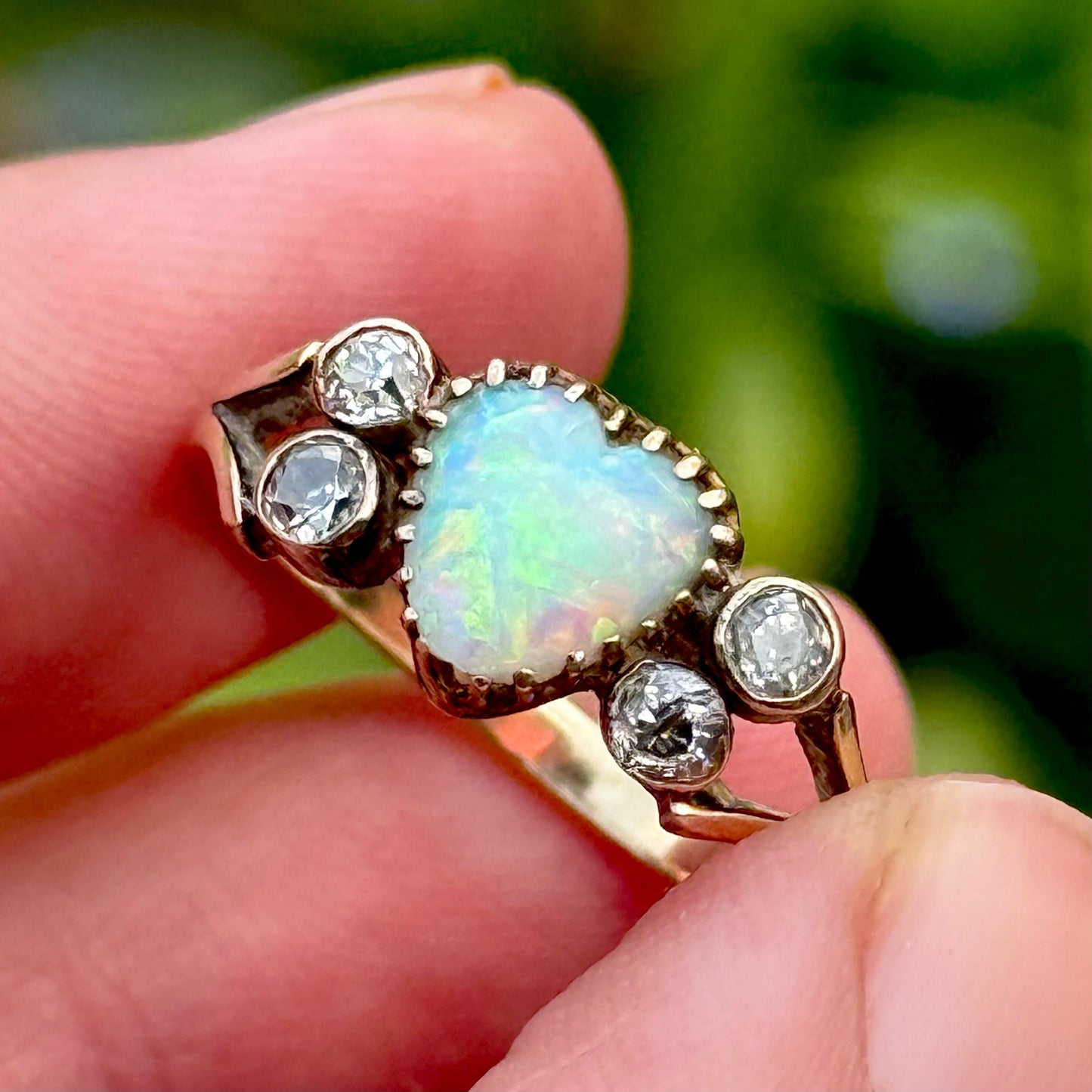 Antique Victorian Heart Opal Diamond Ring in 18 Carat Gold