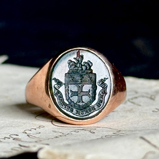 Victorian Bloodstone Signet Ring “Omne Bonum Superne” in 9 Carat Rose Gold