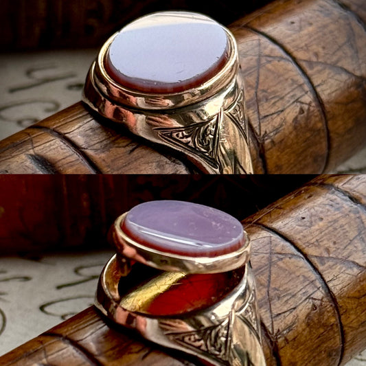 Antique Poison Sardonyx Signet Ring  in 10 Carat Gold; Circa 1870
