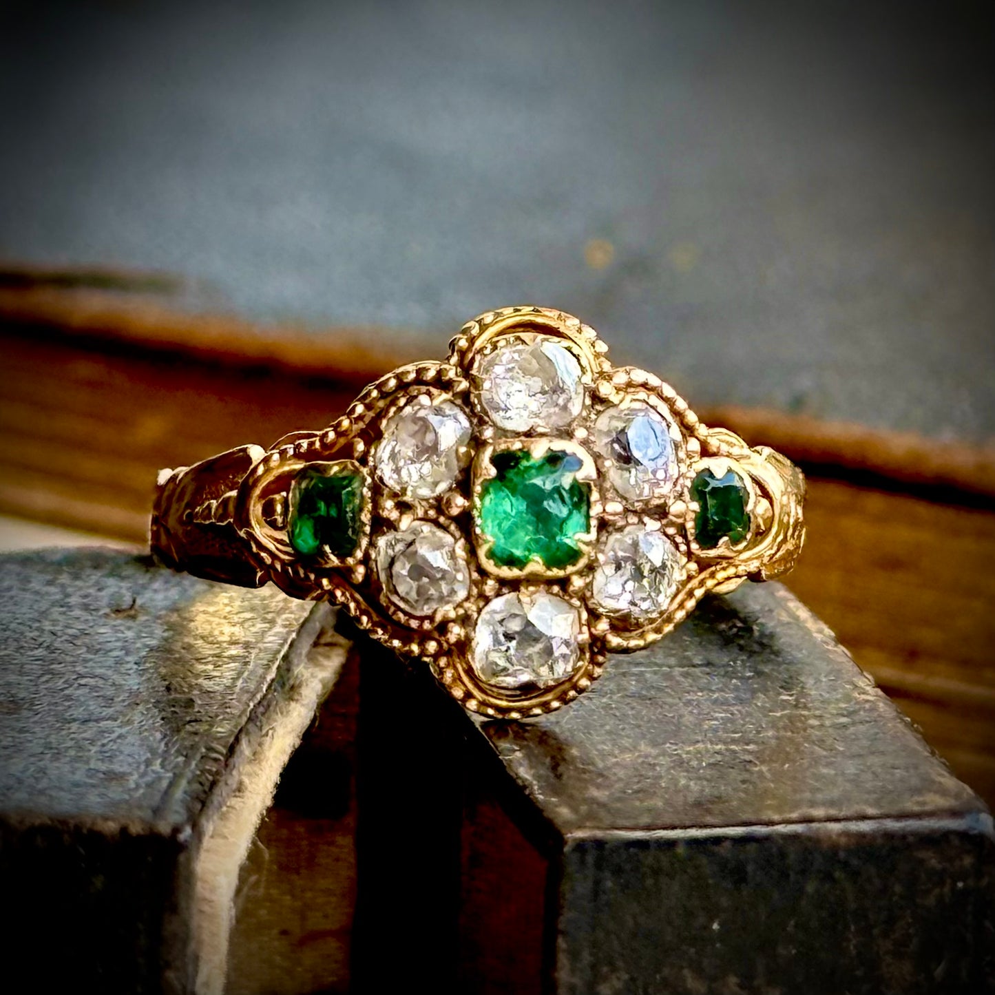 Victorian Emerald & Diamond Ring in 18 Carat Gold; Circa 1870