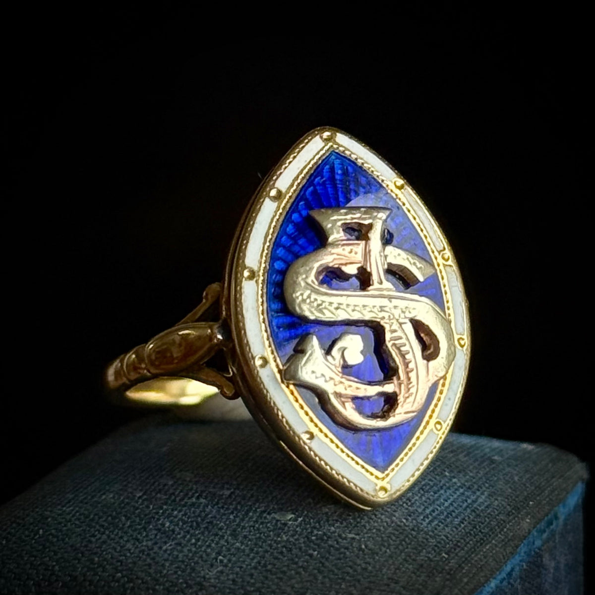 Antique Monogram Marquise Poison Ring in 18 Carat Gold; Circa 1900