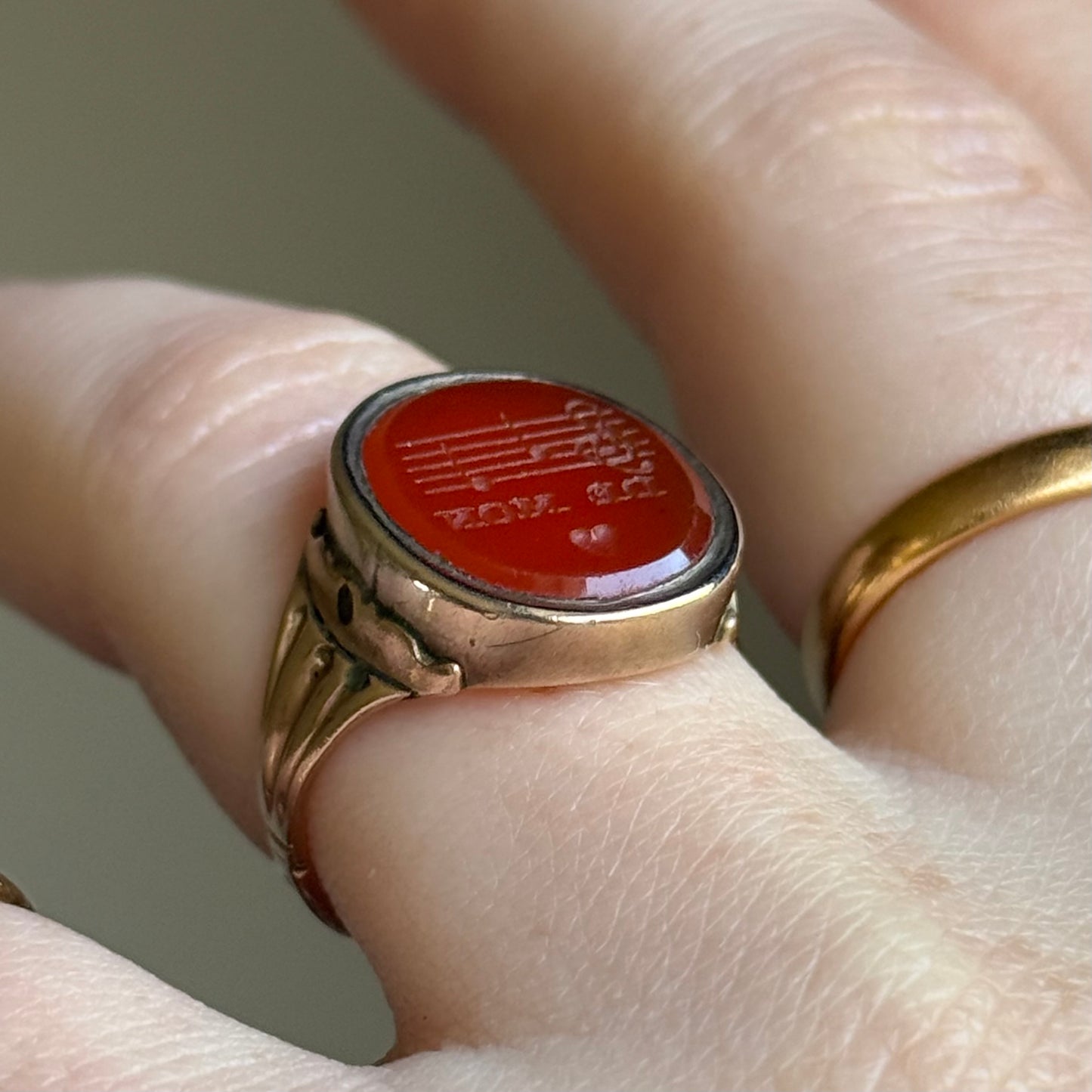 Antique Carnelian Rebus Intaglio Ring in 9 Carat Gold