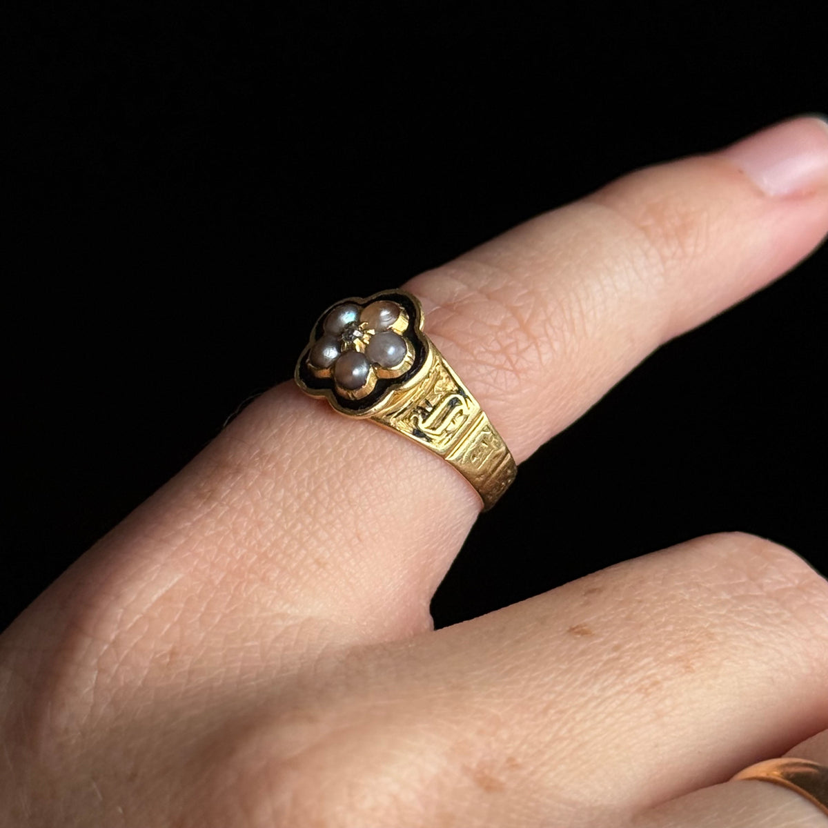 Victorian Diamond & Pearl Mourning Ring in 18 Carat Gold; Circa 1838