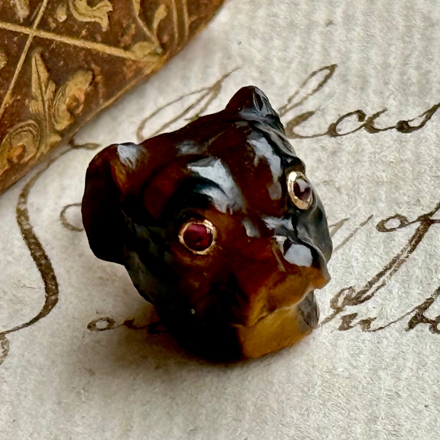 Antique Carved Tiger's Eye Pug Pendant With Ruby Eye's