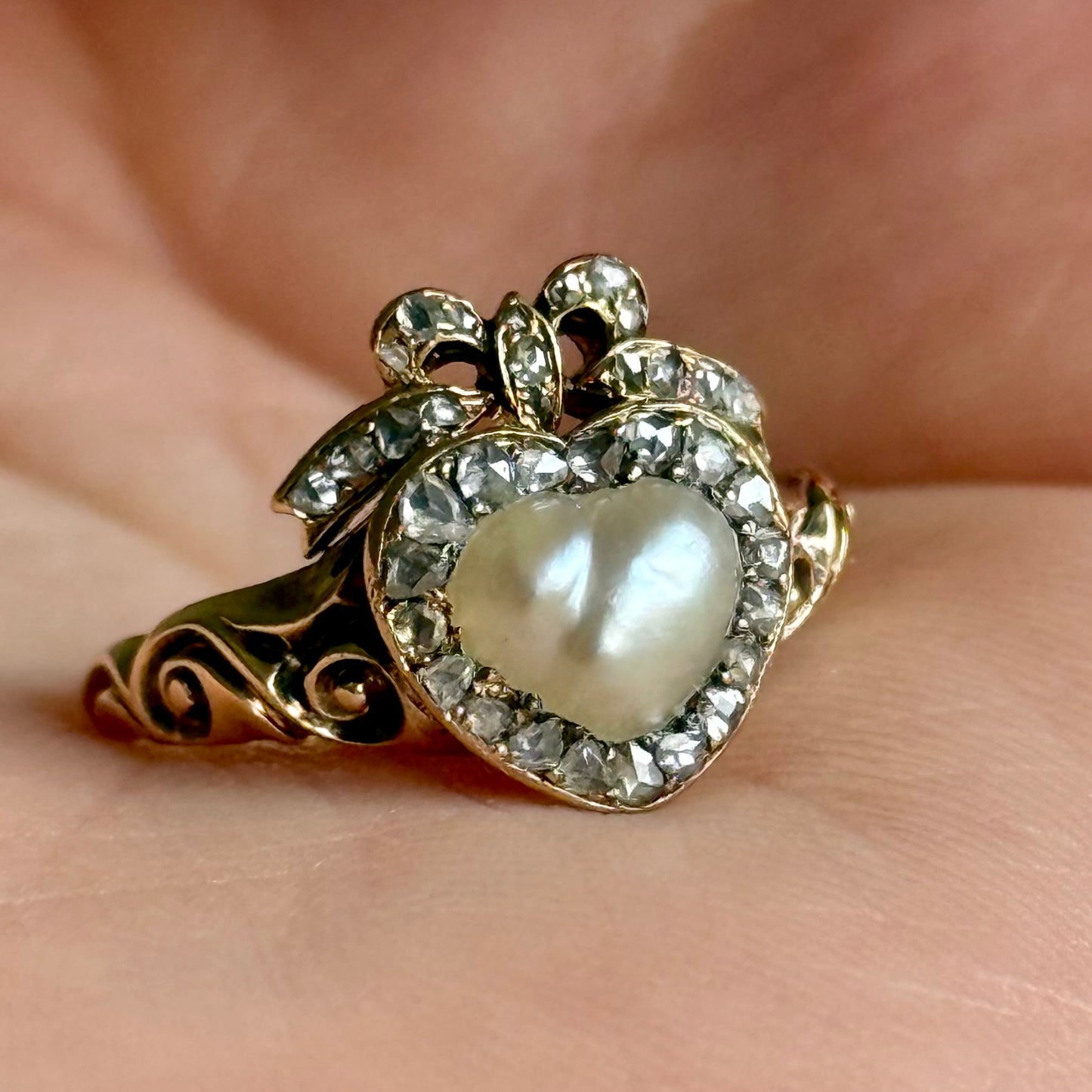 Antique Boxed Georgian Pearl & Diamond Ring in 18 Carat Gold; Circa 1800