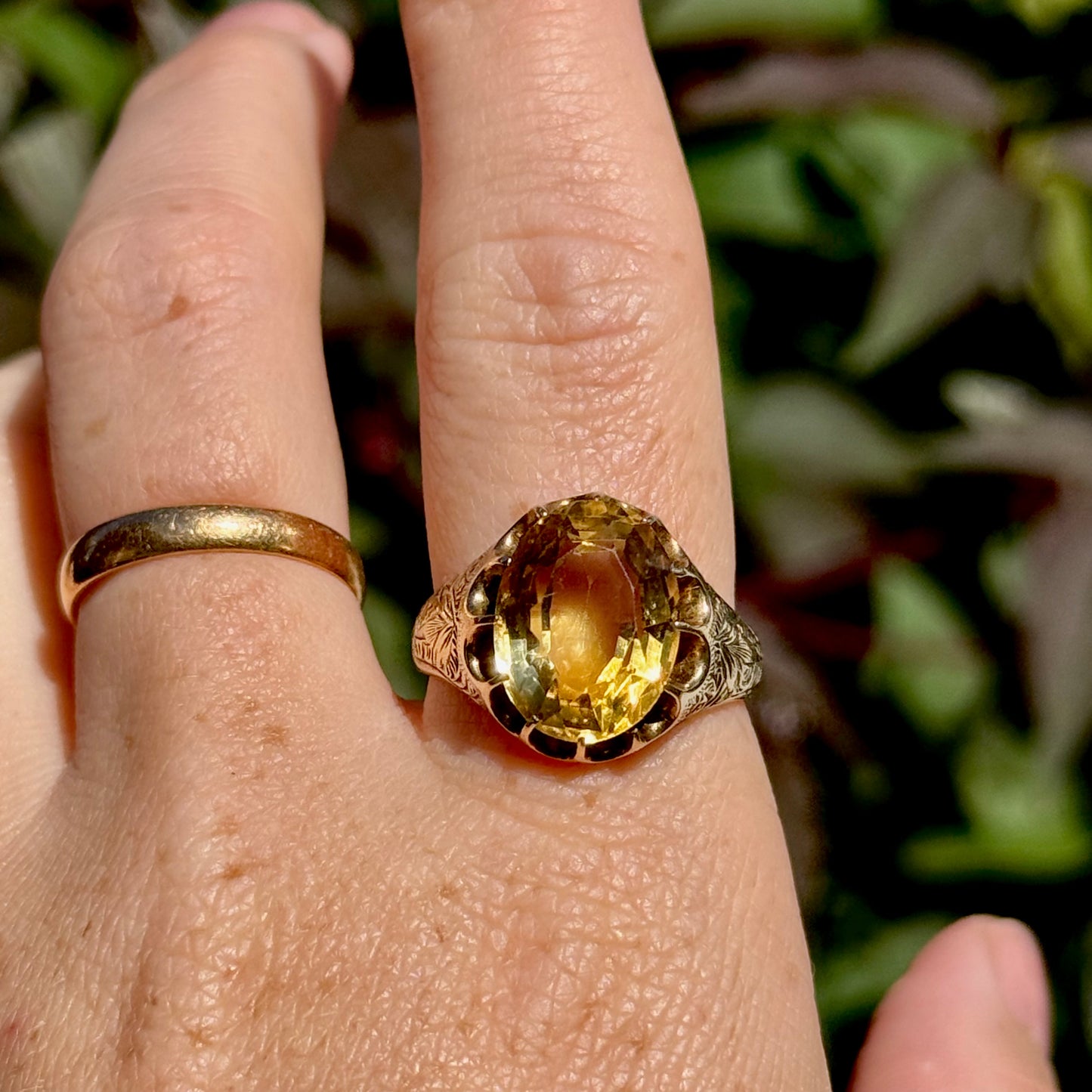 Victorian Citrine Engraved Ring in 9 Carat Gold ; Circa 1900