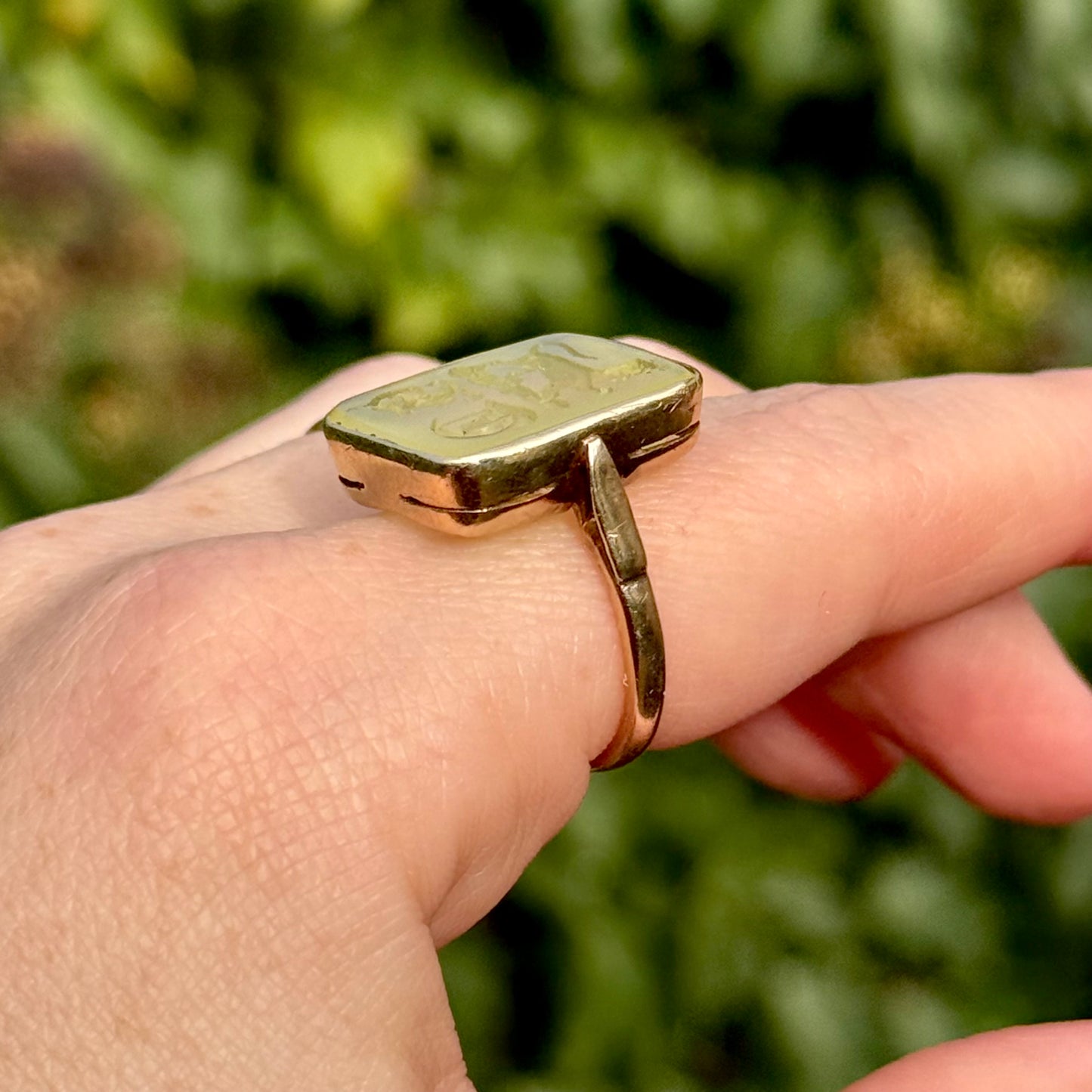 Antique Chrysoprase Intaglio Lion Ring in 9 Carat Gold; Circa 1900