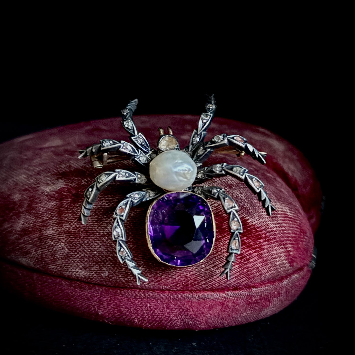 Victorian Diamond, Amethyst & Pearl Spider Brooch; Circa 1890