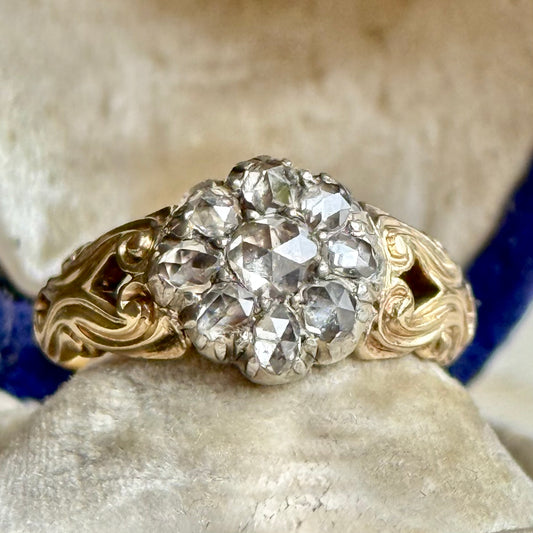 Victorian Rose Cut Diamond Cluster Ring in 15 Carat Gold, Circa 1860