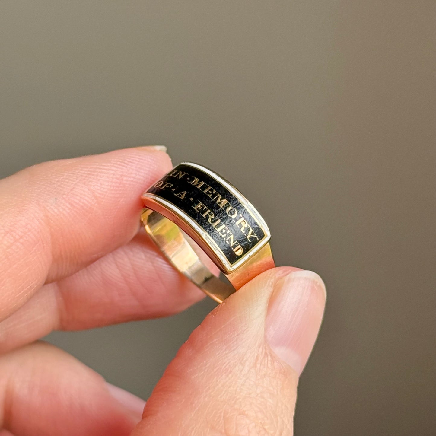 Antique Victorian 'In Memory of a Friend' Mourning Ring in 9 Carat Gold; Circa 1860