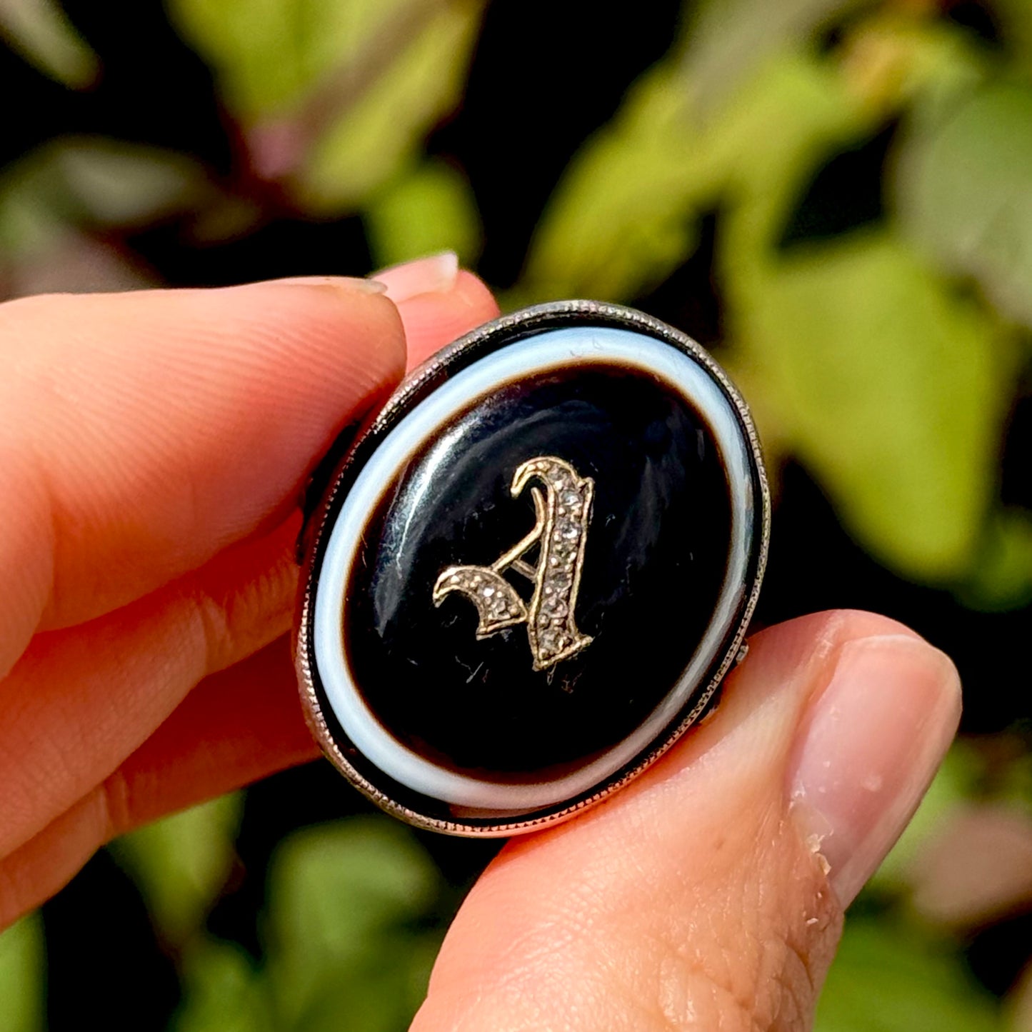 Victorian Banded Agate Diamond 'A' Ring in Sterling Silver Circa 1880