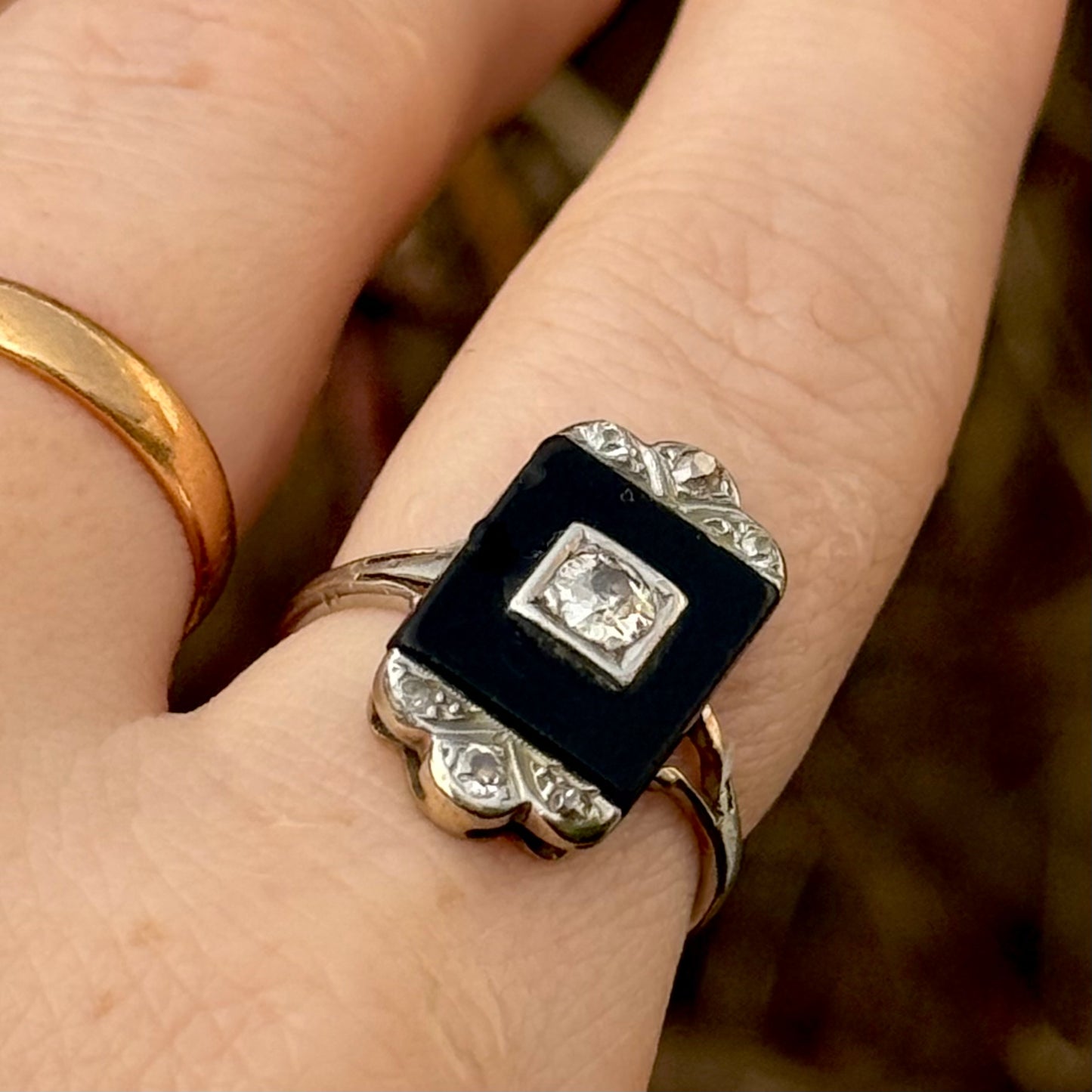 Antique Art Deco Onyx & Diamond Ring; Circa 1920