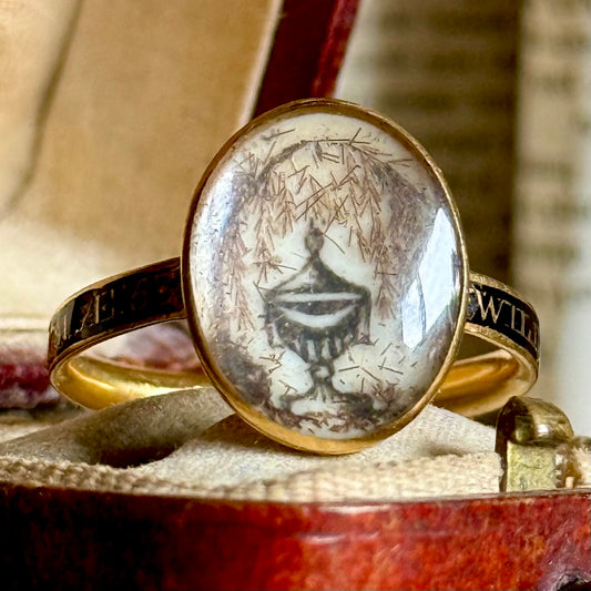 Georgian Enamel & Hair Mourning Ring in 15 Carat Gold; Circa 1781