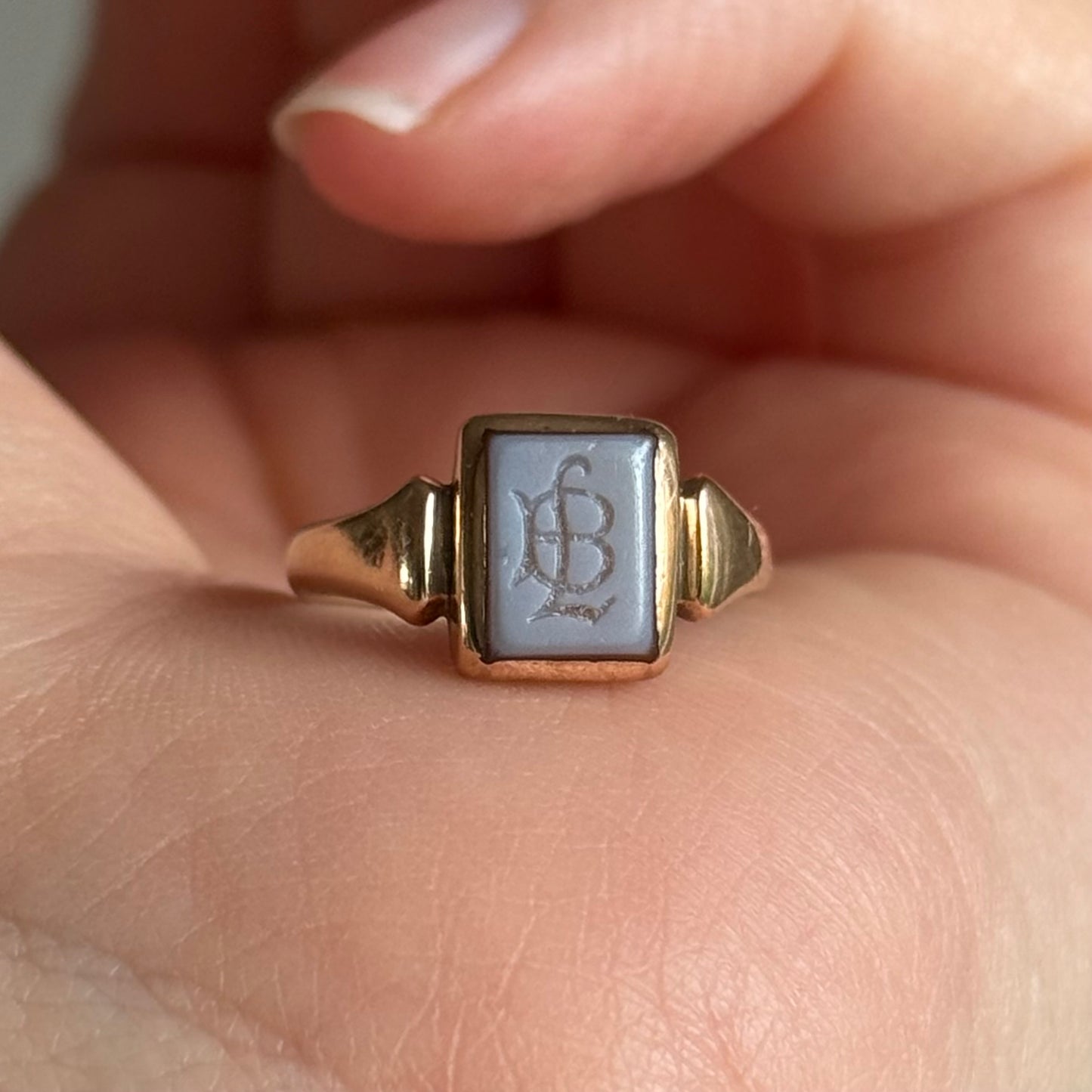 Sardonyx Monogram Signet Ring in 9 Carat Gold; Circa 1900