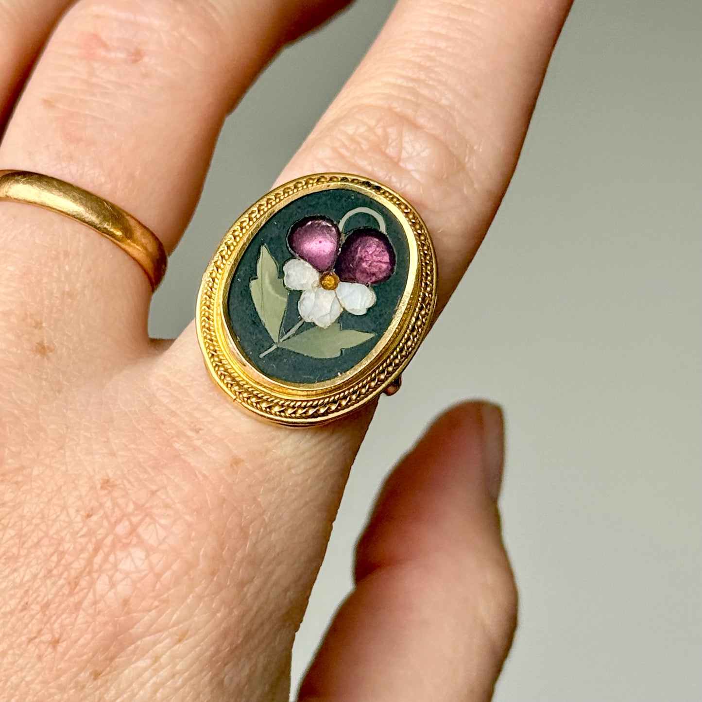 Victorian Pietra Dura Pansy Flower Ring in 9 Carat Gold