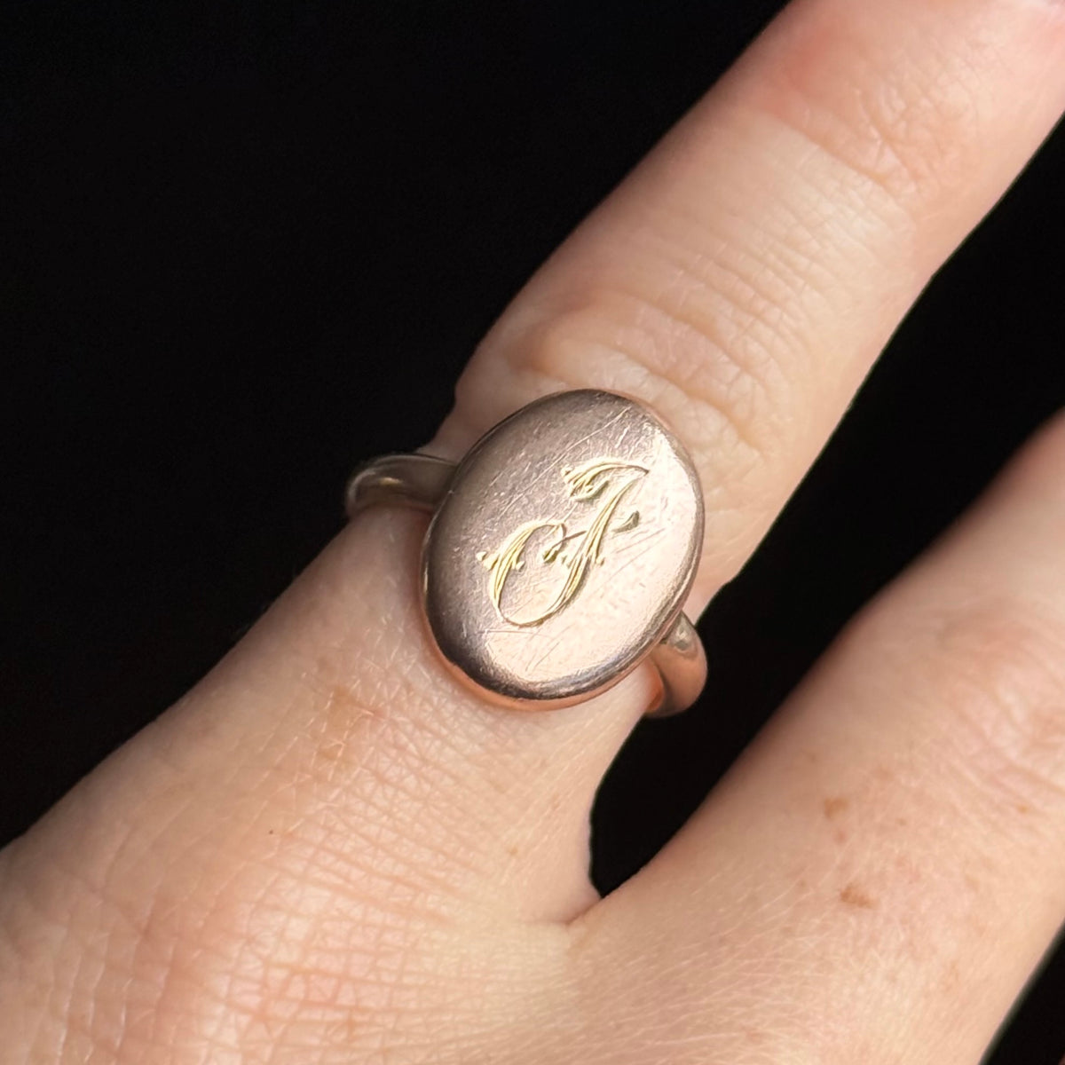 Antique 'J' Monogram Ring in 9 Carat Rose Gold; Circa 1900