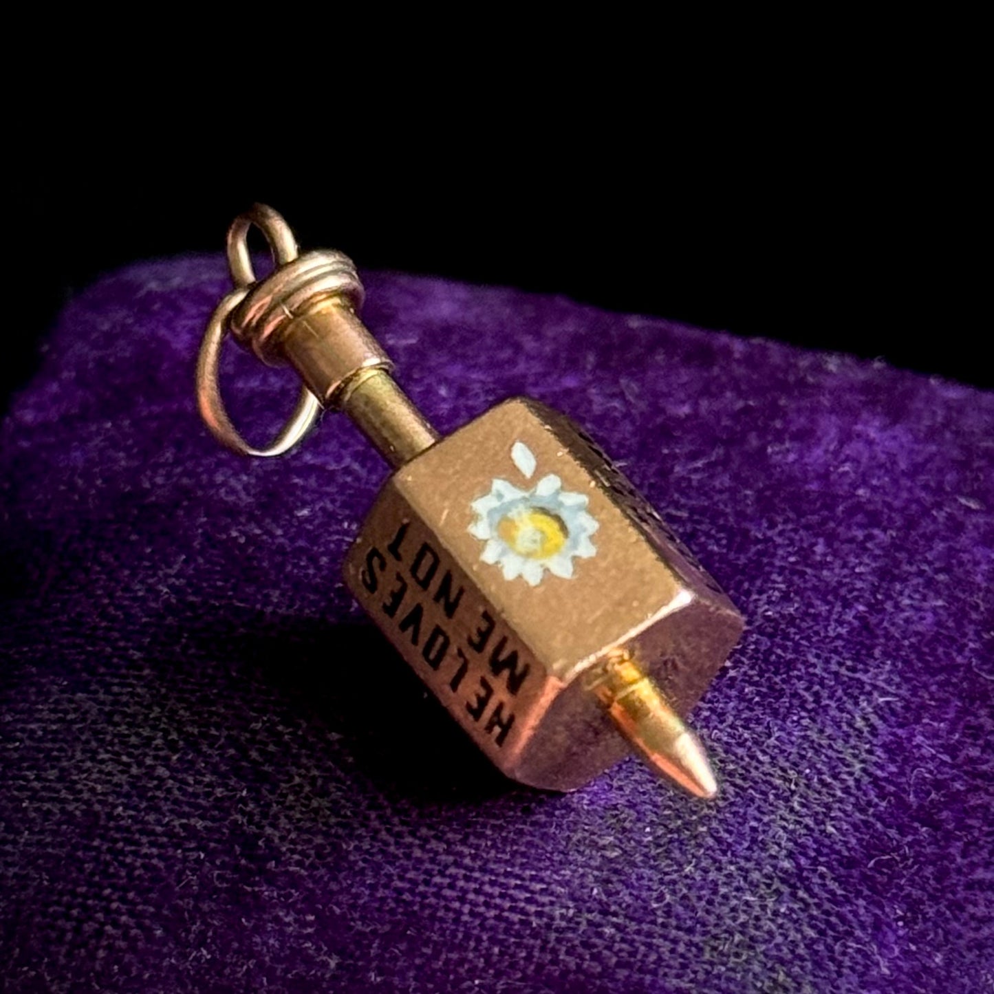 Antique Victorian 'He Loves Me' Spinning Top Enamel Pendant; Circa 1880