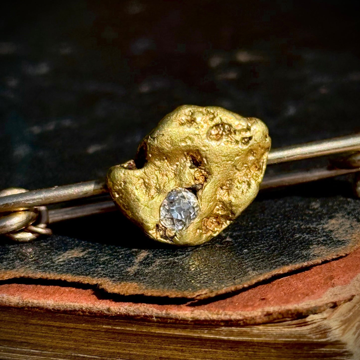 Antique Edwardian Gold Nugget & Diamond Brooch