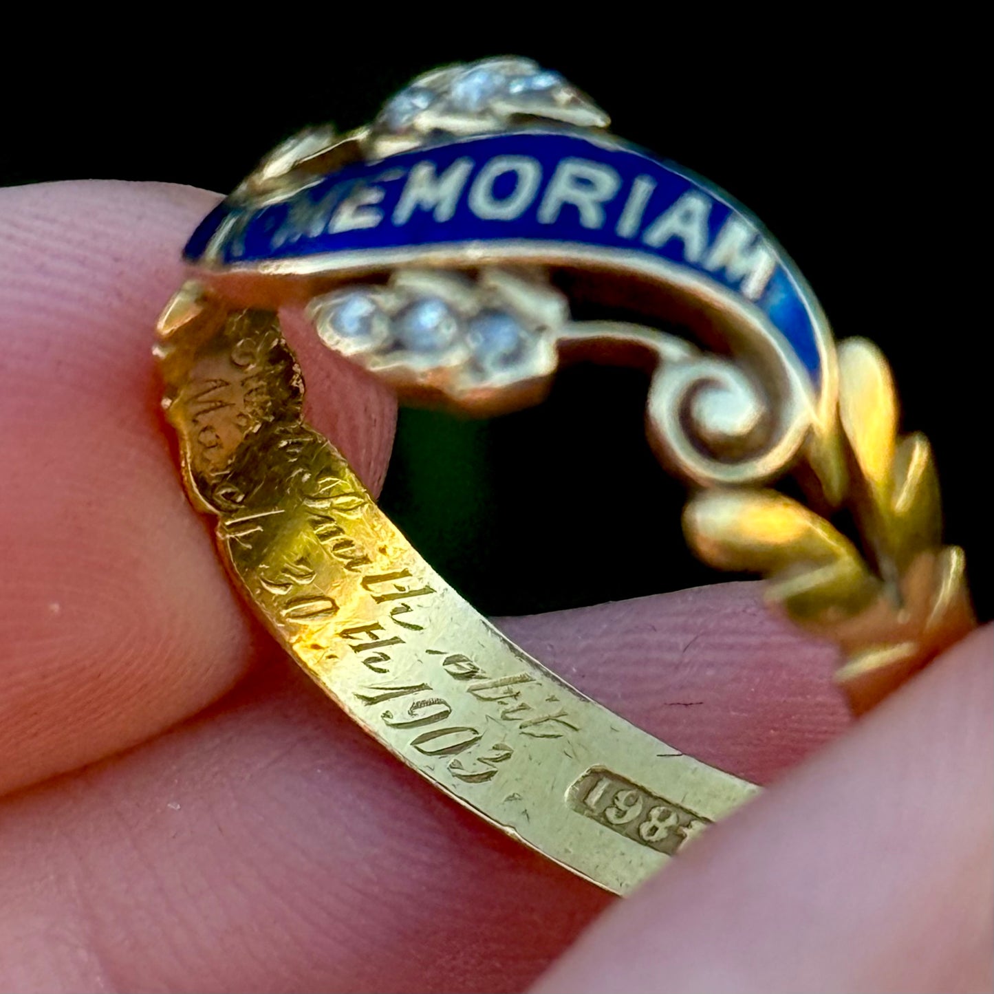 Antique Victorian Enamel & Diamond Mourning Ring