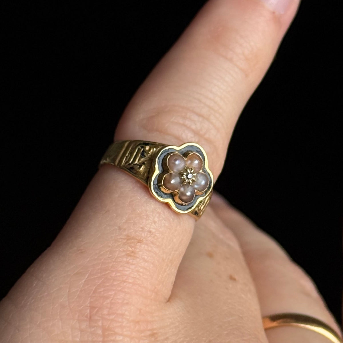 Victorian Diamond & Pearl Mourning Ring in 18 Carat Gold; Circa 1838