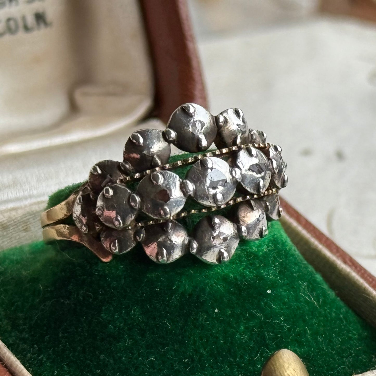 Antique Georgian Rose Cut Diamond Ring Gold and Silver; Circa 1820