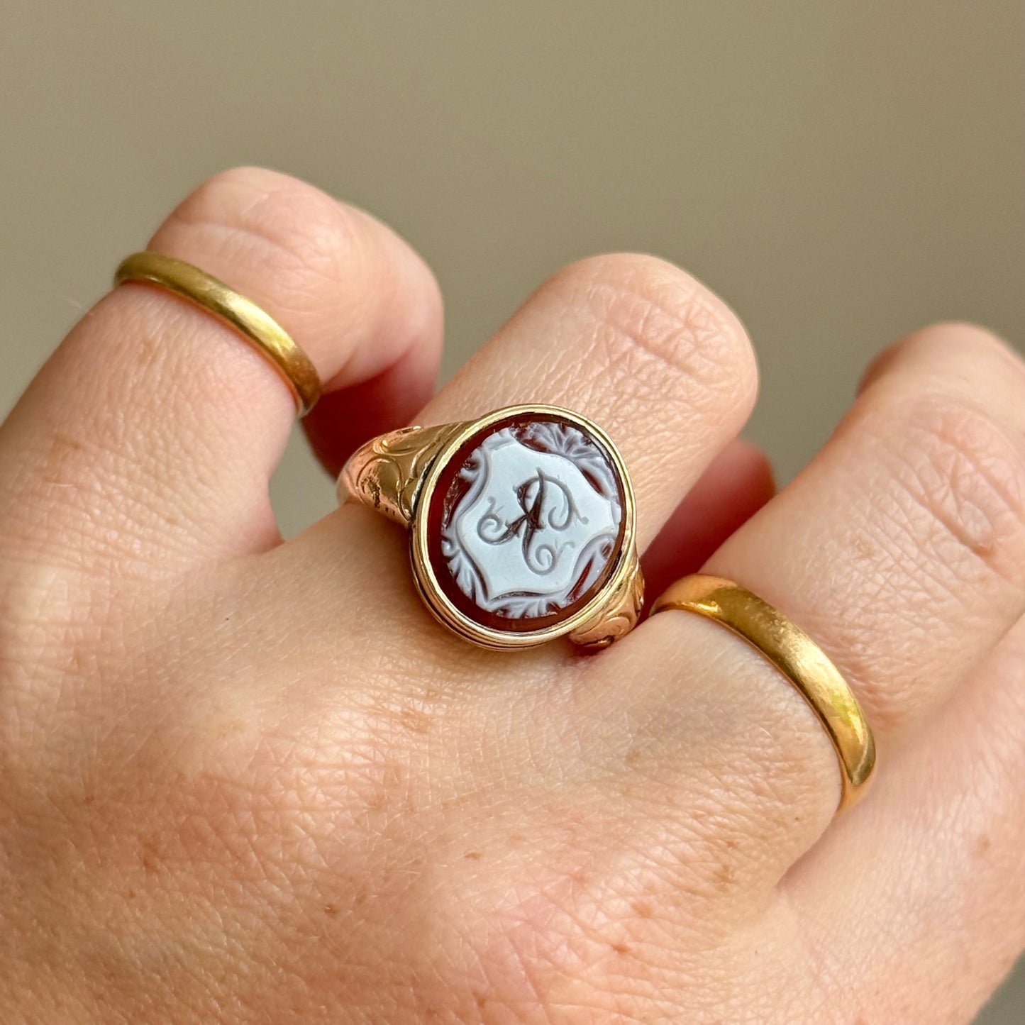 Antique Sardonyx 'R' Ring in 9 Carat Gold; Circa 1880