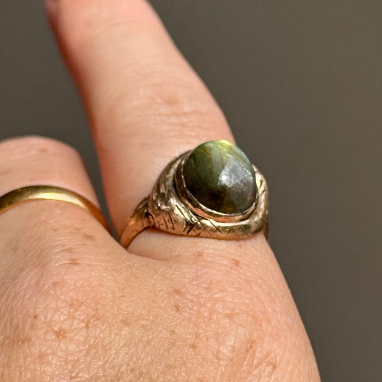 Victorian Laborite Snake Ring in 15 Carat Rose Gold; Circa 1876