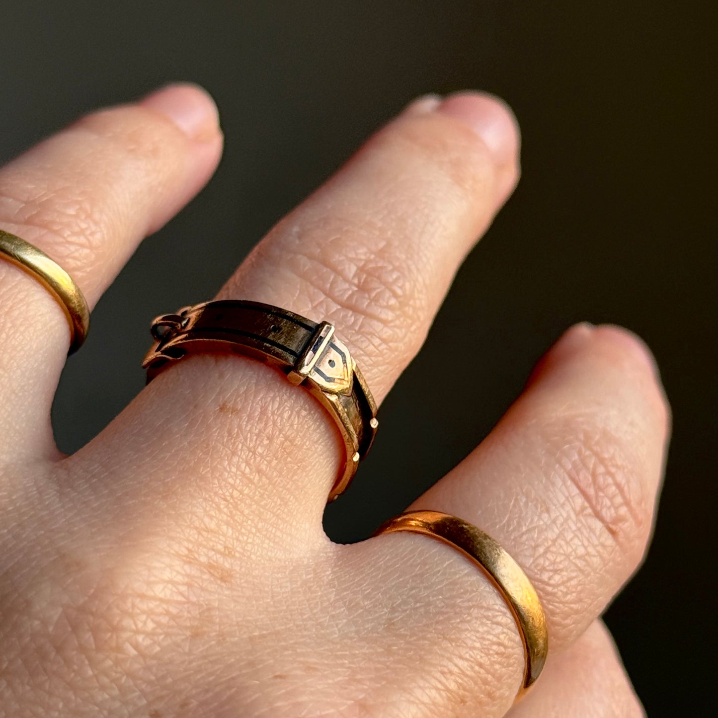 Antique Victorian Enamel Buckle Ring in 9 Carat Gold