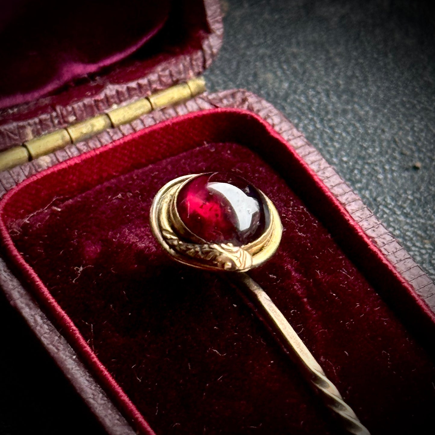 Boxed Antique Victorian Snake Garnet Pin; Circa 1860
