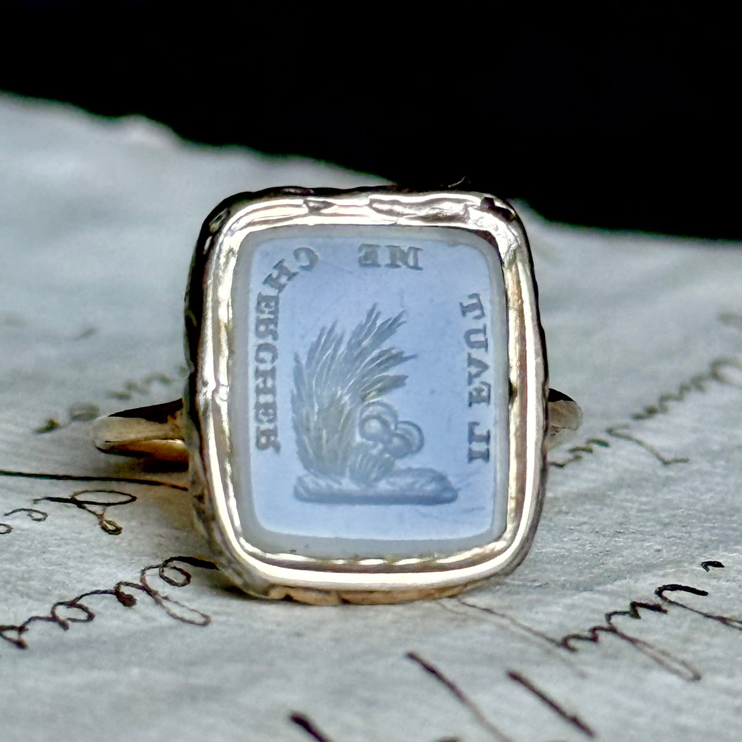 Antique French Lovers Intaglio Ring in 9 Carat Gold
