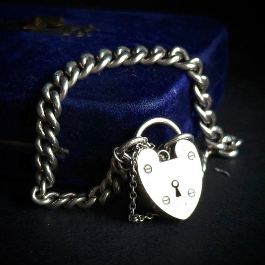 Victorian Sterling Silver Graduated Link Bracelet with Heart Padlock Clasp