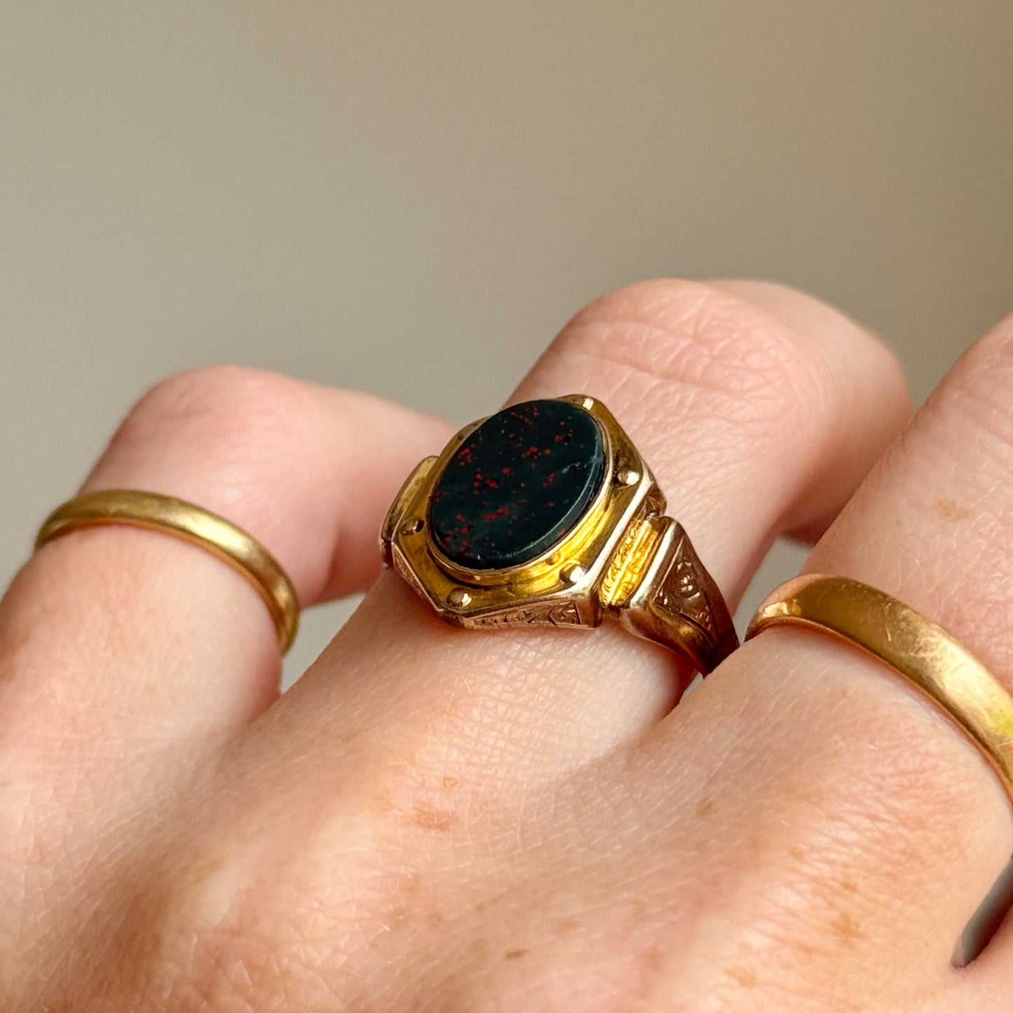 Antique Bloodstone Signet Ring in 9 Carat Gold, Circa 1880