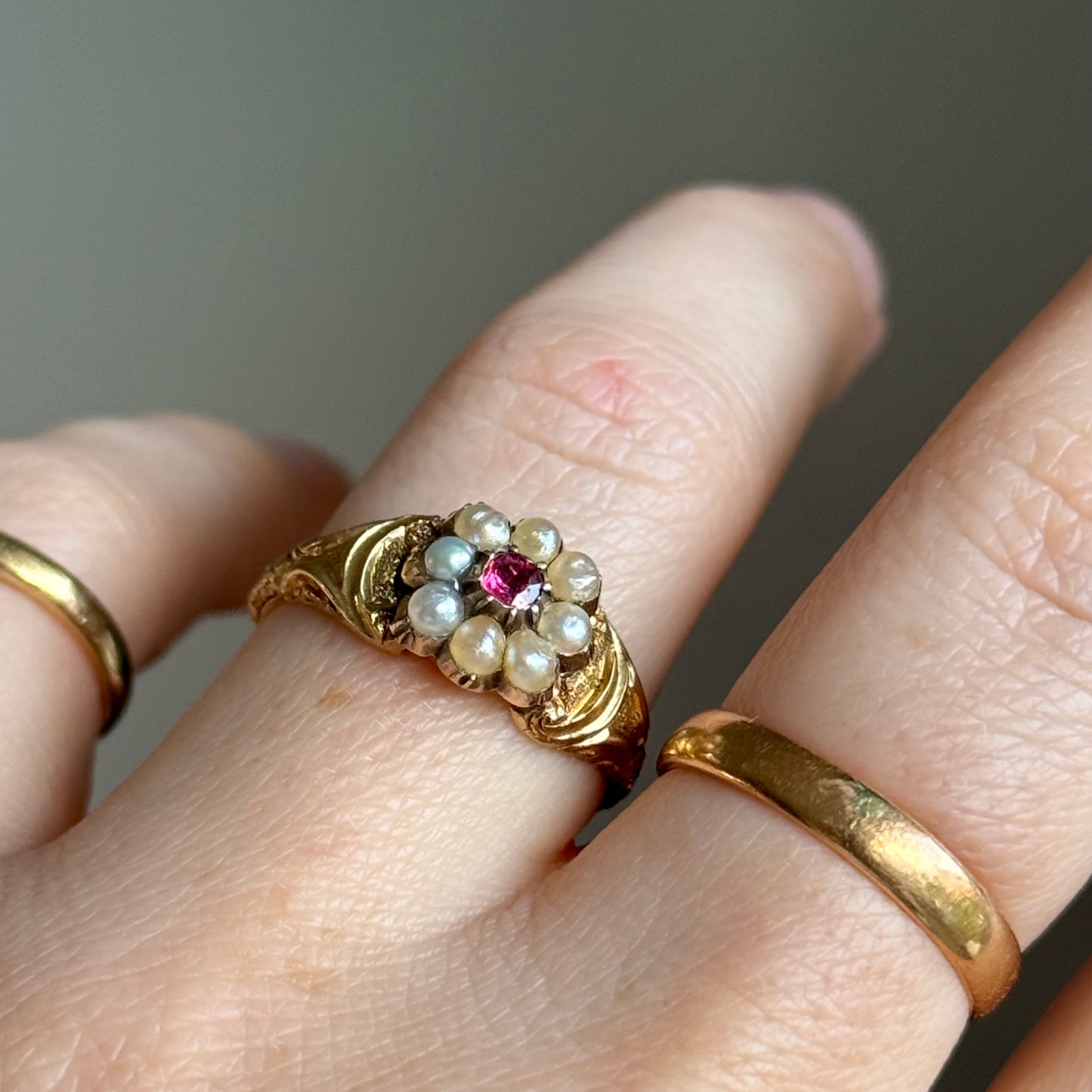 Victorian Rhodolite Garnet & Pearl Sentimental Ring in 18 Carat Gold; Circa 1880