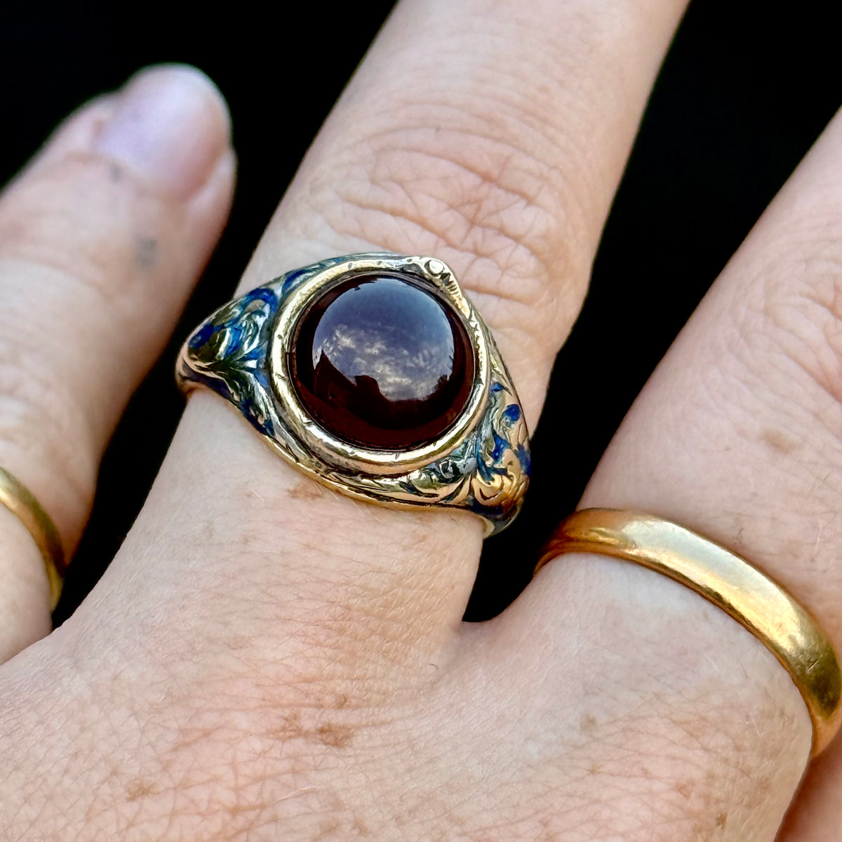 Antique Garnet Ouroboros Signet Ring in 9 Carat Gold; Circa 1870