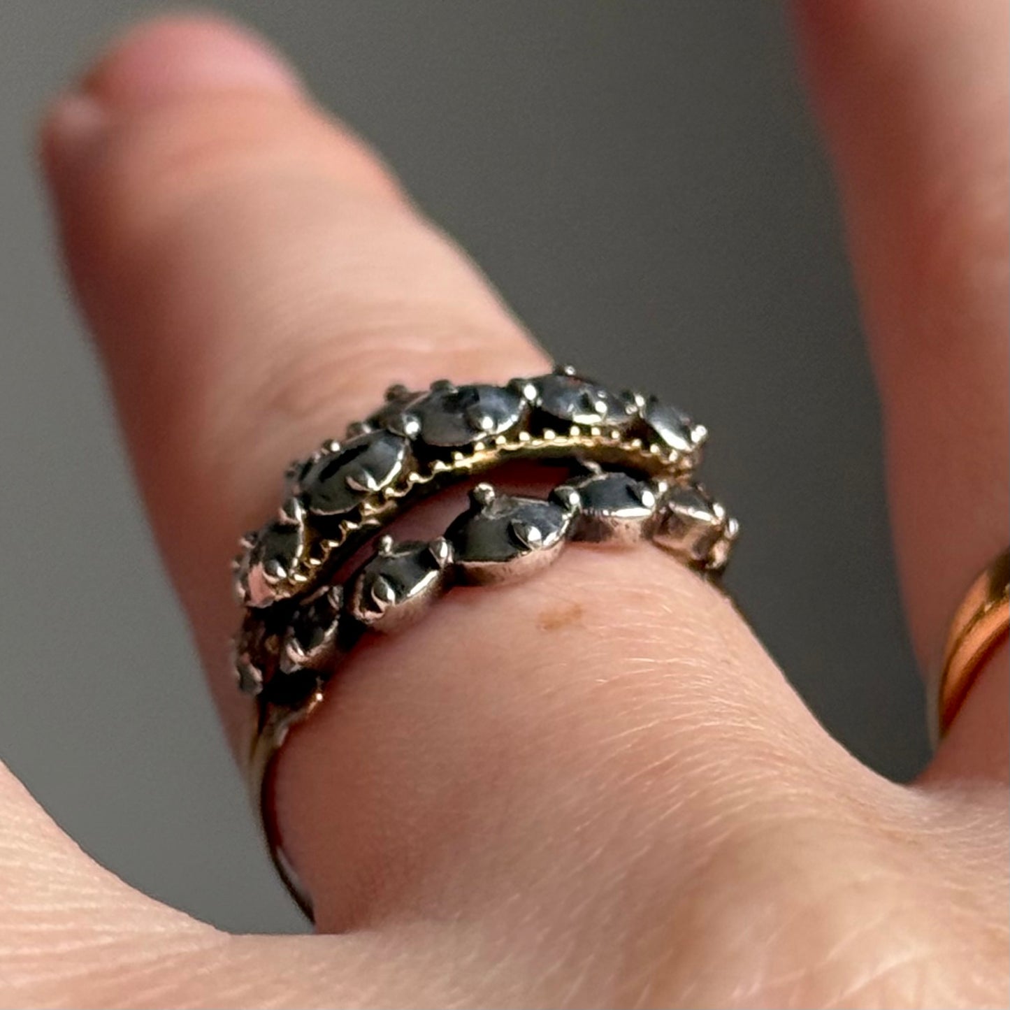 Antique Georgian Rose Cut Diamond Ring Gold and Silver; Circa 1820