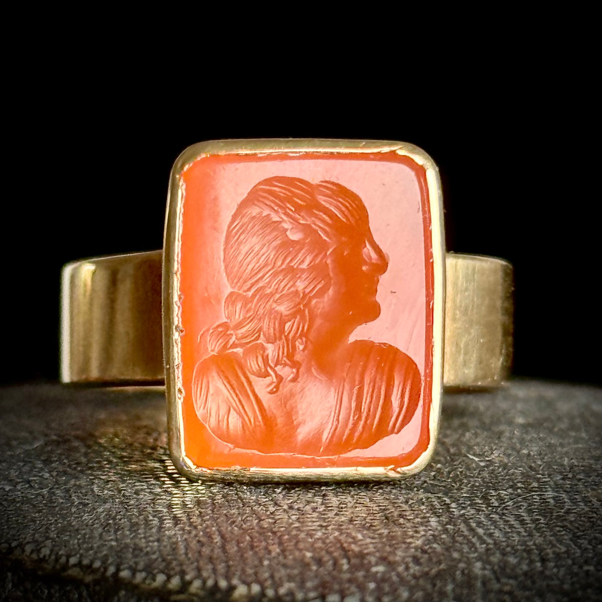 Antique Carnelian Female Intaglio Ring in 9 Carat Gold; Circa 1850