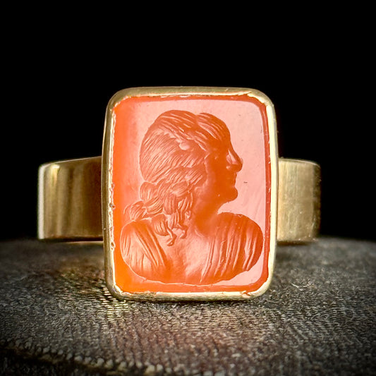 Antique Carnelian Female Intaglio Ring in 9 Carat Gold; Circa 1850