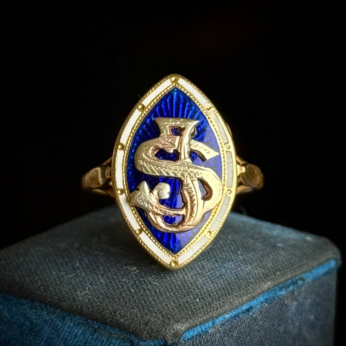 Antique Monogram Marquise Poison Ring in 18 Carat Gold; Circa 1900