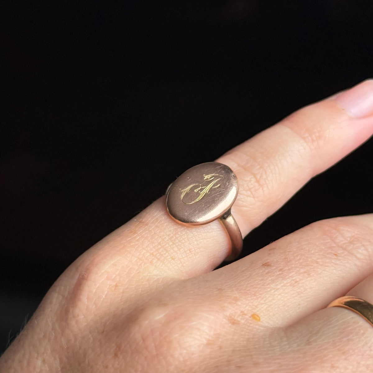 Antique 'J' Monogram Ring in 9 Carat Rose Gold; Circa 1900