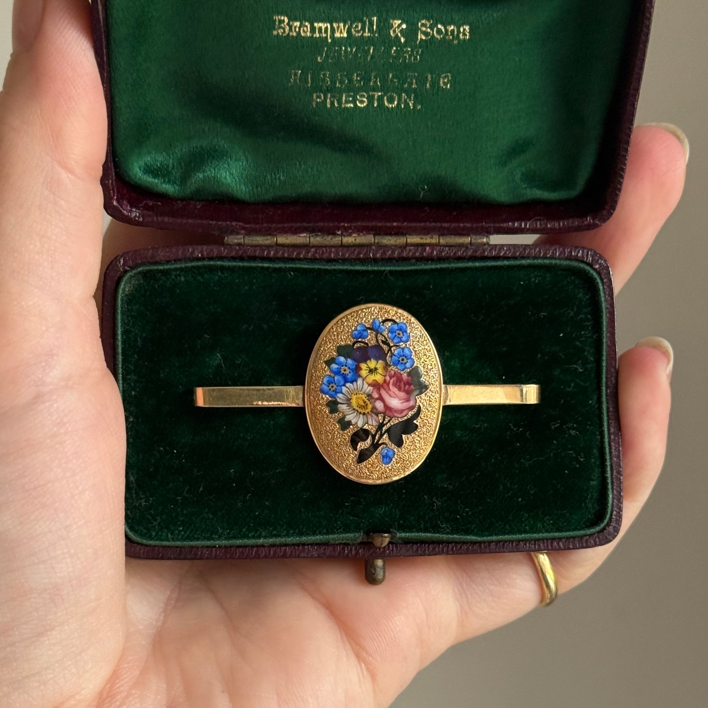 Boxed Antique Enamel Floral Brooch in 9 Carat Gold