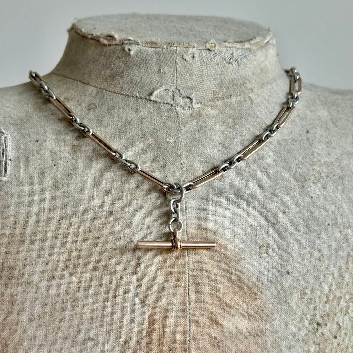 Antique Trombone Rose Gold & Silver Albert Chain; Circa 1880