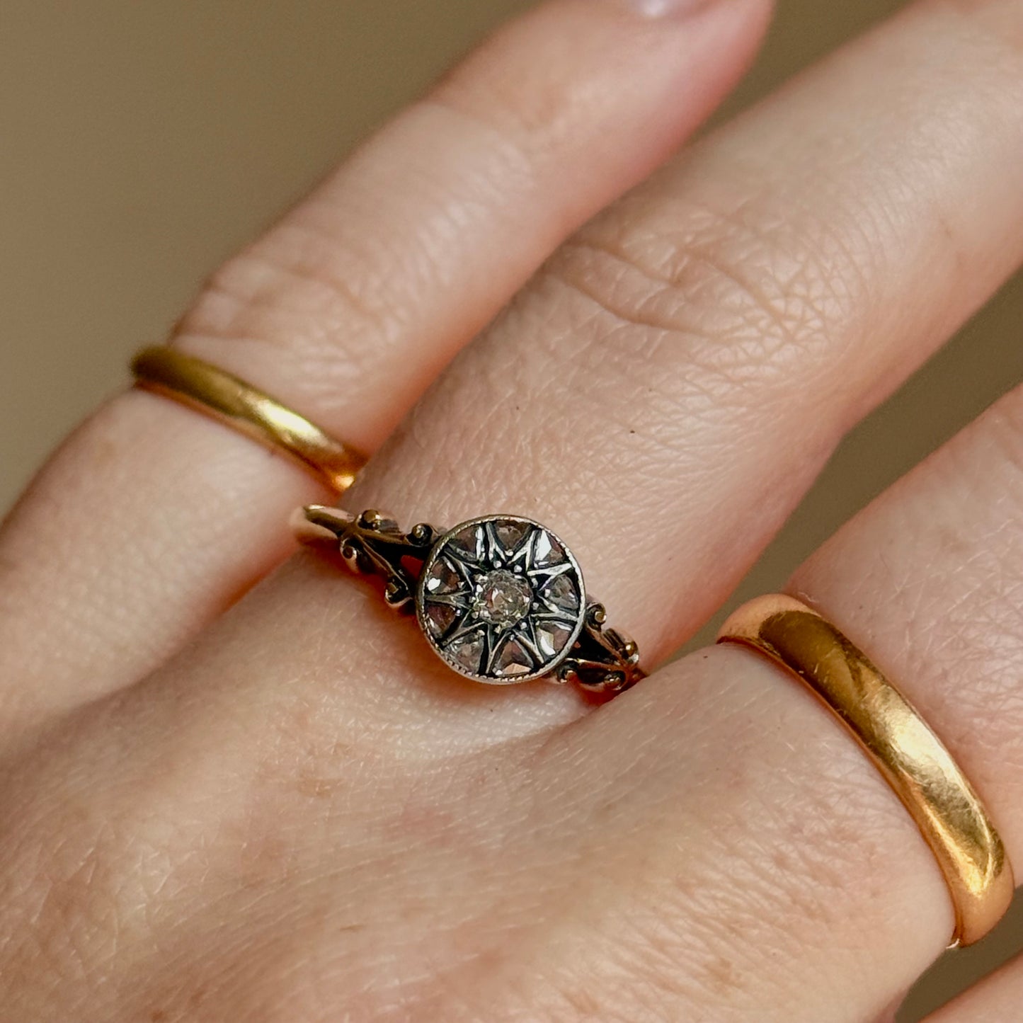Antique Rose Cut Diamond Cluster Ring in 18 Carat Gold; Circa 1880